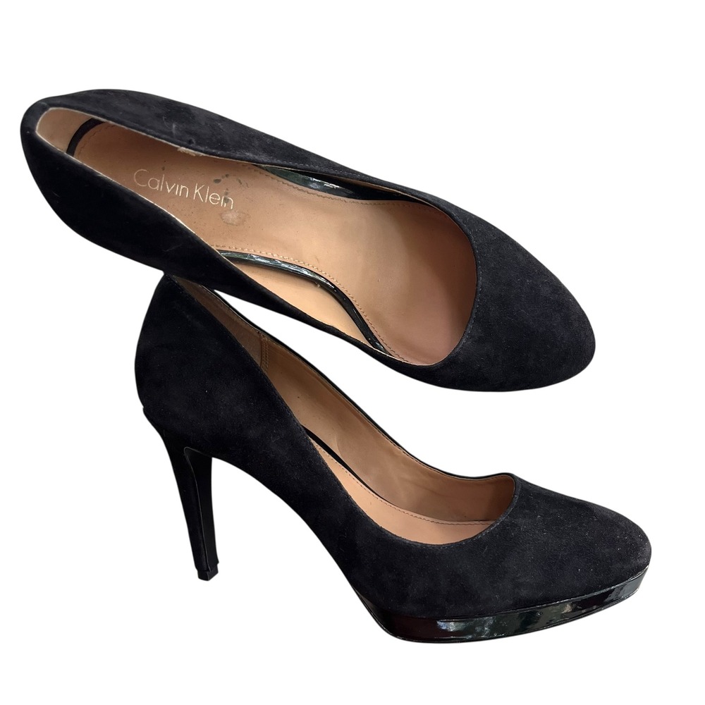 Calvin Klein Women's 8.5 Black Suede Gold Accent Paulette Platform Heels Pumps